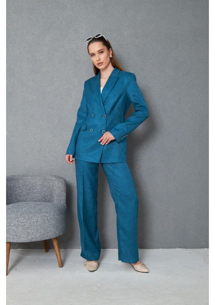 4 Düğmeli Kruvaze Yünefekt Takım Petrol