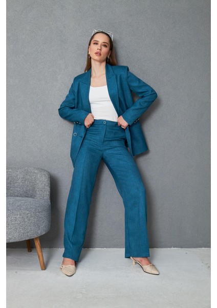 4 Düğmeli Kruvaze Yünefekt Takım Petrol