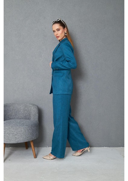 4 Düğmeli Kruvaze Yünefekt Takım Petrol