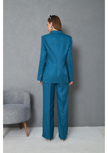 4 Düğmeli Kruvaze Yünefekt Takım Petrol