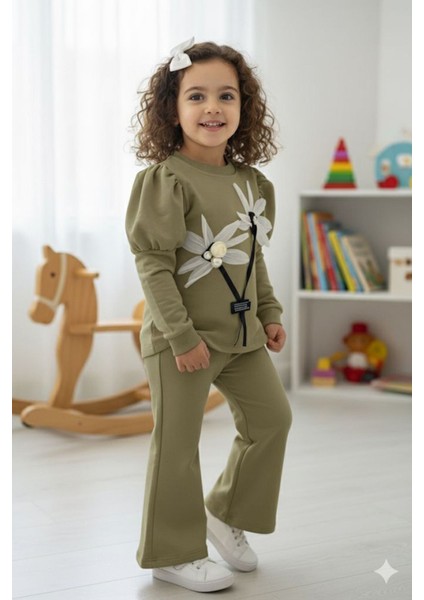 Prenses Kol Detaylı Çiçekli Kız Çocuk 2 li takım - Haki