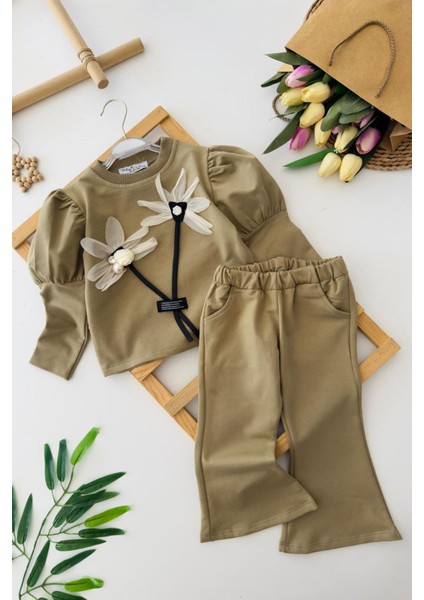 Prenses Kol Detaylı Çiçekli Kız Çocuk 2 li takım - Haki fiyatları