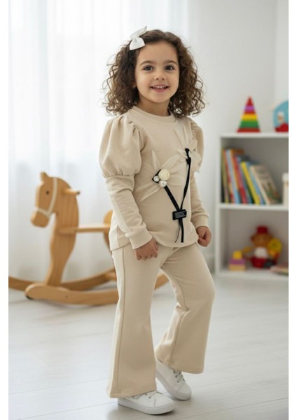 Prenses Kol Detaylı Çiçekli Kız Çocuk 2 li takım - Krem