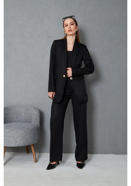 Kare Düğmeli Yünefekt Takım Siyah