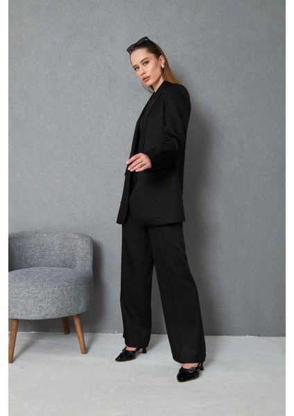 Kare Düğmeli Yünefekt Takım Siyah