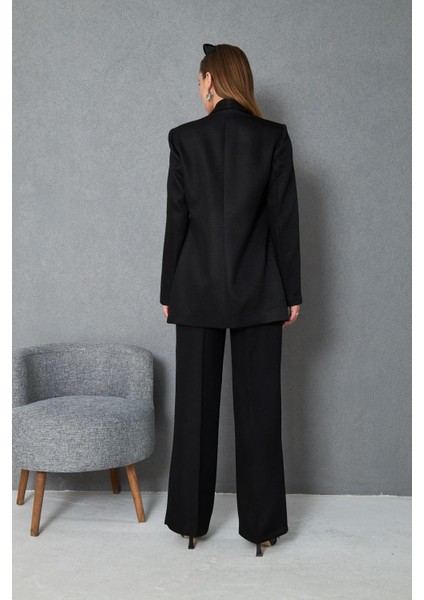 Kare Düğmeli Yünefekt Takım Siyah