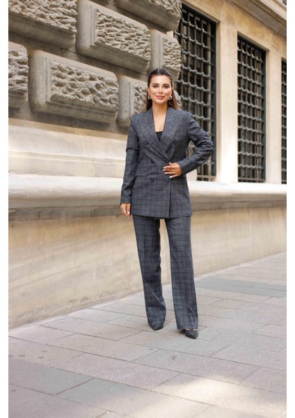 6 Düğmeli Kruvaze Ekose Takım Lacivert fiyatları