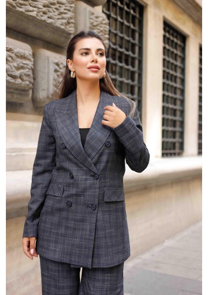 6 Düğmeli Kruvaze Ekose Takım Lacivert indirimleri