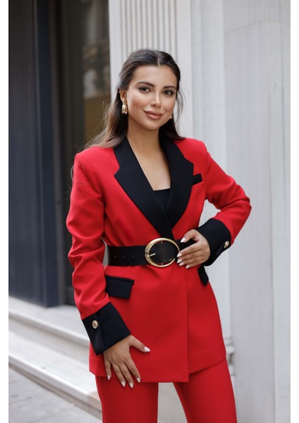 Gold Kemerli Garnili Kruvaze Takım Kırmızı