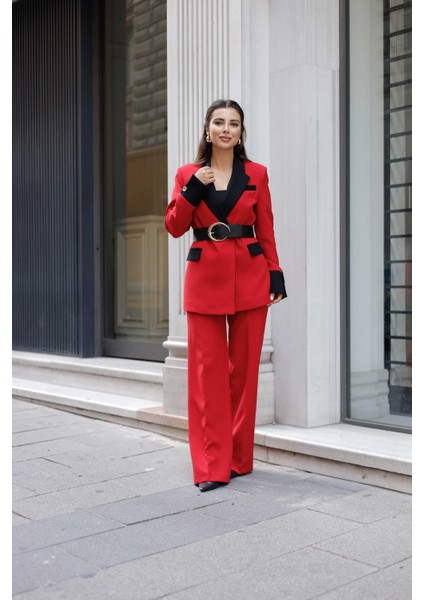 Gold Kemerli Garnili Kruvaze Takım Kırmızı