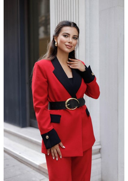 Gold Kemerli Garnili Kruvaze Takım Kırmızı