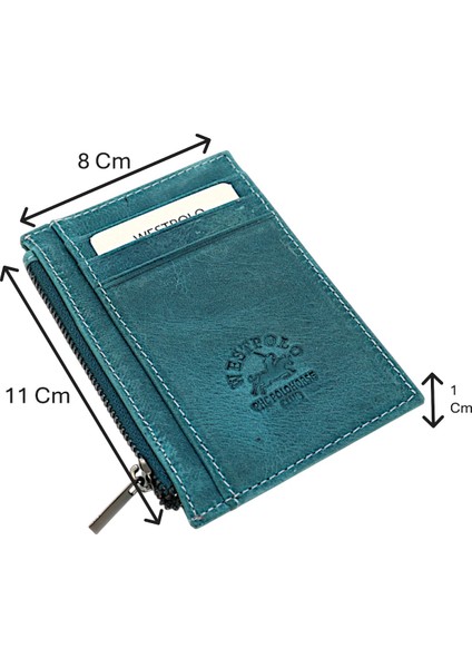 Ivo Fermuarlı Bozuk Para Bölmeli Unisex Hakiki Crazy Eskitme Deri Kartlık - Turkuaz Mavi