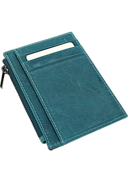 Ivo Fermuarlı Bozuk Para Bölmeli Unisex Hakiki Crazy Eskitme Deri Kartlık - Turkuaz Mavi modelleri