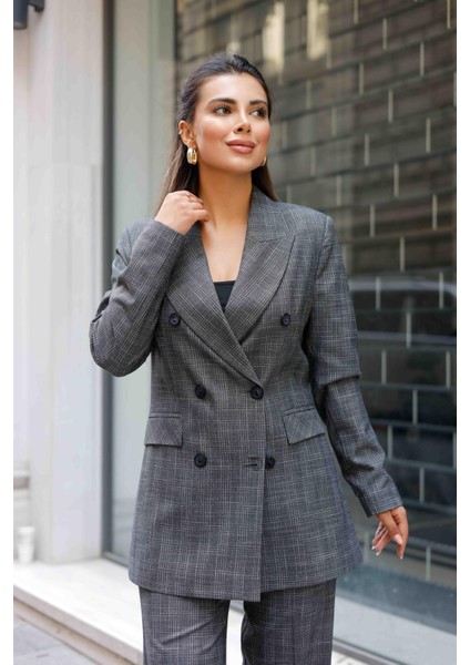 6 Düğmeli Kruvaze Ekose Takım Gri modelleri