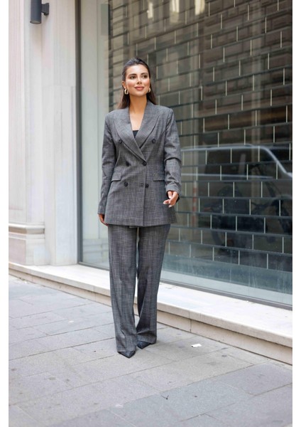 6 Düğmeli Kruvaze Ekose Takım Gri fırsatları