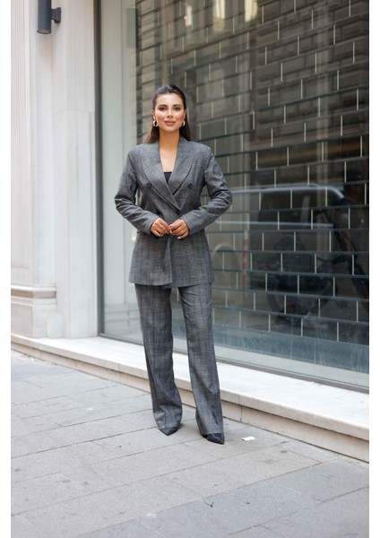 6 Düğmeli Kruvaze Ekose Takım Gri