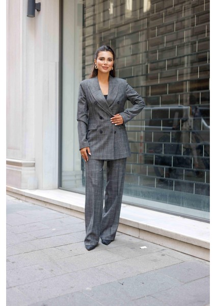 6 Düğmeli Kruvaze Ekose Takım Gri