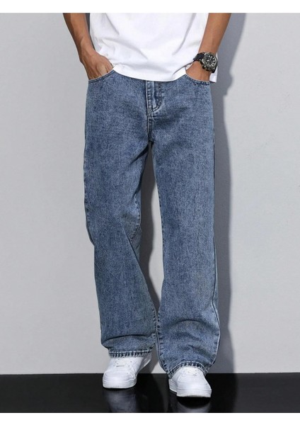 Erkek Baggy Fit Asit Yıkama Jean Kot Pantolon