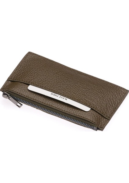 Hakiki Deri Fermuarlı Unisex Kartlık - Haki fırsatları