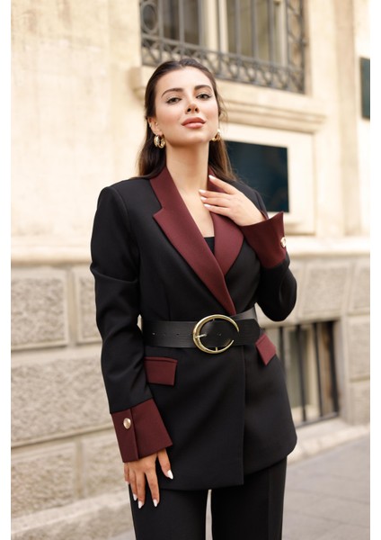 Gold Kemerli Garnili Kruvaze Takım Siyah