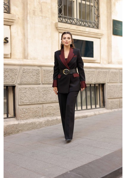 Gold Kemerli Garnili Kruvaze Takım Siyah