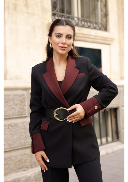 Gold Kemerli Garnili Kruvaze Takım Siyah