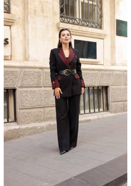 Gold Kemerli Garnili Kruvaze Takım Siyah