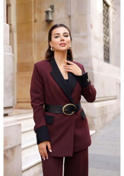 Gold Kemerli Garnili Kruvaze Takım Bordo