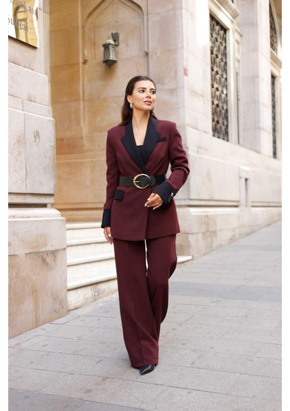 Gold Kemerli Garnili Kruvaze Takım Bordo