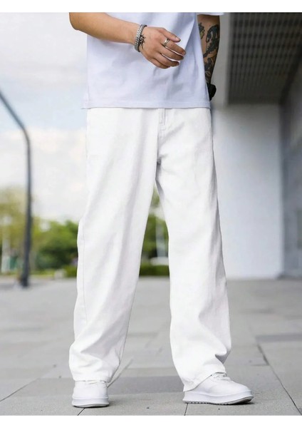 Erkek Baggy Fit Asit Yıkama Jean Kot Pantolon