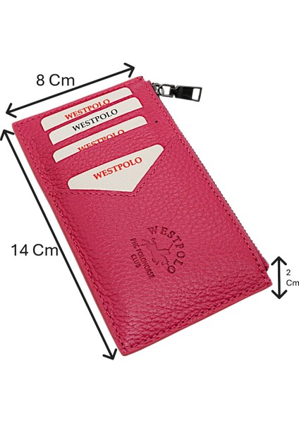 Hakiki Deri Fermuarlı Unisex Kartlık - Fuşya
