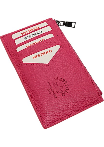 Hakiki Deri Fermuarlı Unisex Kartlık - Fuşya fiyatları
