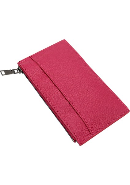 Hakiki Deri Fermuarlı Unisex Kartlık - Fuşya modelleri