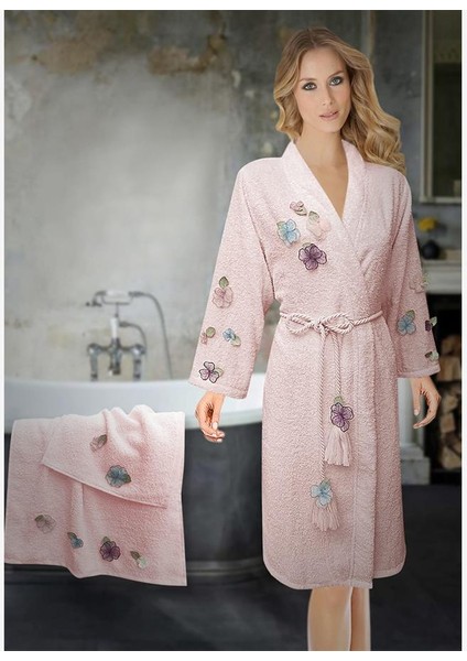 Pamuk 3D Flowers 3 Parça Bayan Bornoz Seti Açık Pudra