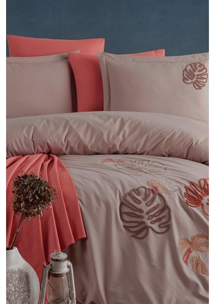 Palmariva Nakışlı %100 Pamuk Çift Kişilik Nevresim Takımı Vizon