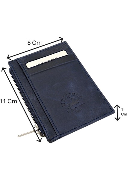 Ivo Fermuarlı Bozuk Para Bölmeli Unisex Hakiki Crazy Eskitme Deri Kartlık - Lacivert
