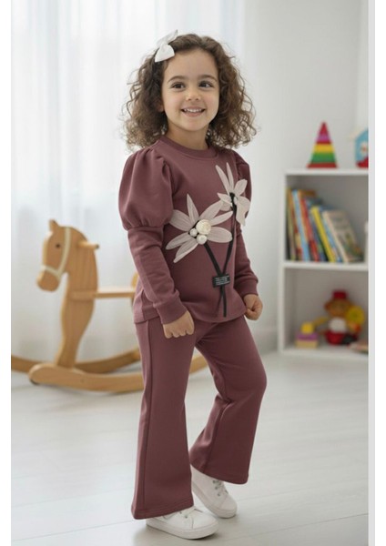 Prenses Kol Detaylı Çiçekli Kız Çocuk 2 li takım - Gül Kurusu