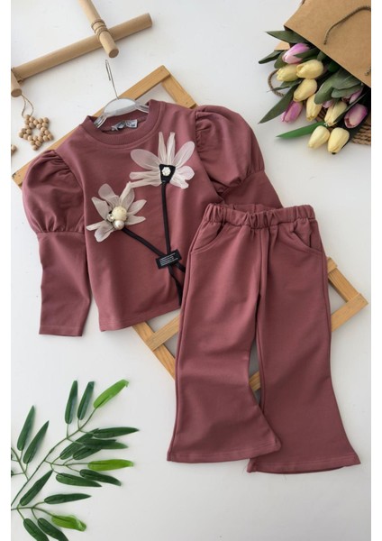 Prenses Kol Detaylı Çiçekli Kız Çocuk 2 li takım - Gül Kurusu fiyatları