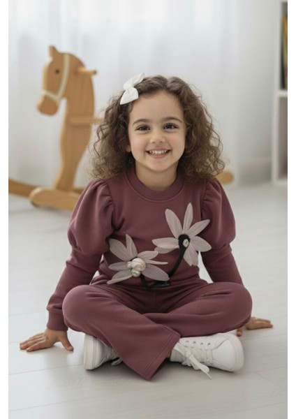 Prenses Kol Detaylı Çiçekli Kız Çocuk 2 li takım - Gül Kurusu modelleri