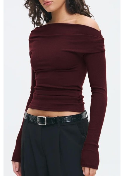 Bordo Kadın Off Shoulder Uzun Kollu Bluz MG2567 fırsatları