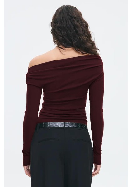 Bordo Kadın Off Shoulder Uzun Kollu Bluz MG2567 indirimleri