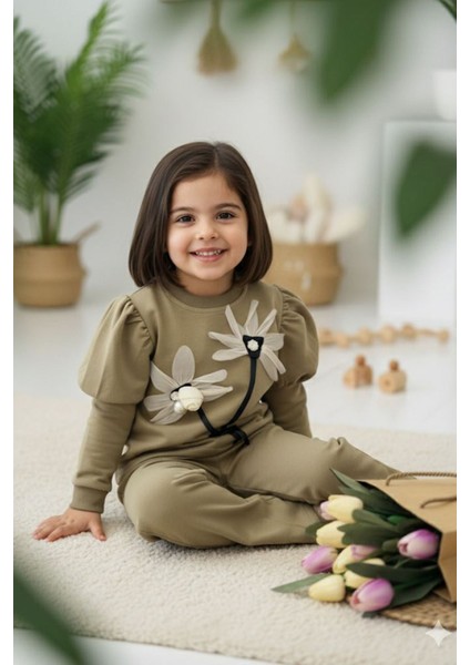 Prenses Kol Detaylı Çiçekli Kız Çocuk 2 li takım - Haki modelleri