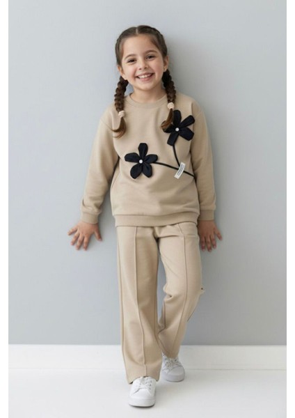 3D Çiçek Aplikeli Siyah Kız Çocuk Takımı - Zeytin Yeşili