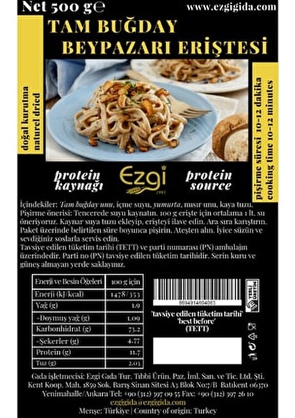 Doğal Tam Buğday Eriştesi 500 G Katkı Maddesi İçermeyen Sade Lezzet fiyatları