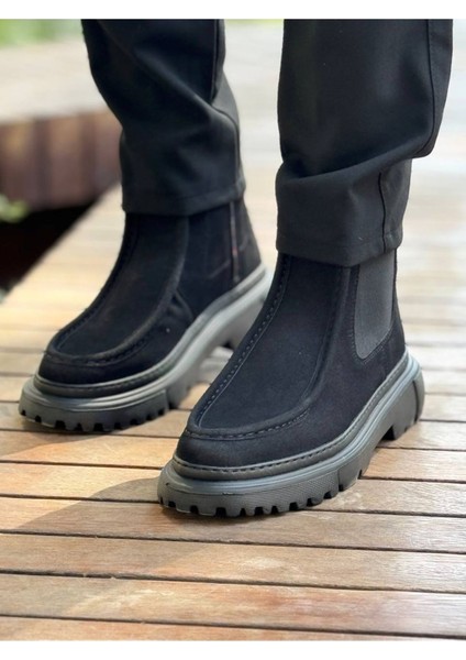 Fermuarlı Erkek Düz Bot Siyah Süet