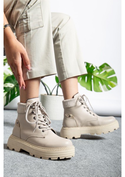 Bağcıklı Yüksek Taban Kadın Worker Bot Krem Cilt fiyatları