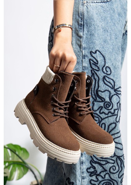 Bağcıklı Yüksek Taban Kadın Worker Bot Kahve Süet