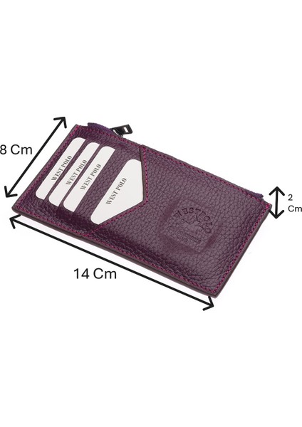 Hakiki Deri Fermuarlı Unisex Kartlık - Mürdüm