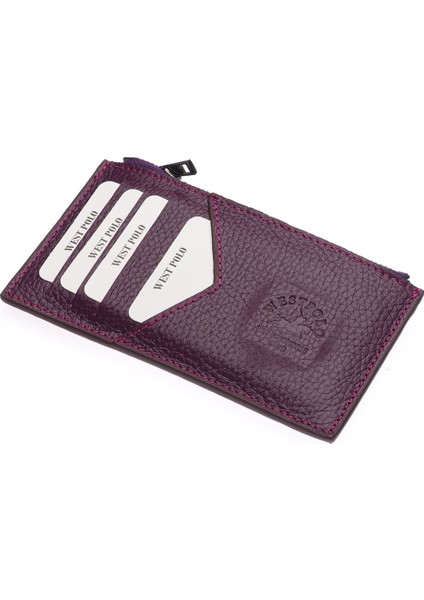 Hakiki Deri Fermuarlı Unisex Kartlık - Mürdüm fiyatları