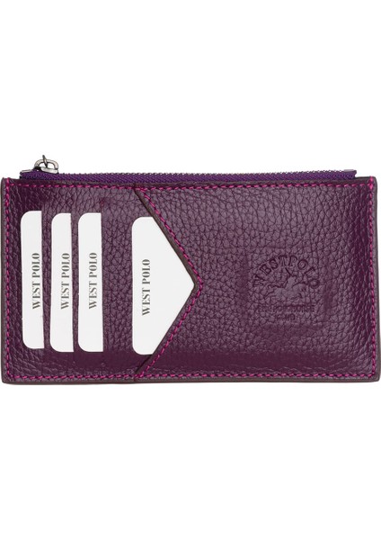 Hakiki Deri Fermuarlı Unisex Kartlık - Mürdüm modelleri